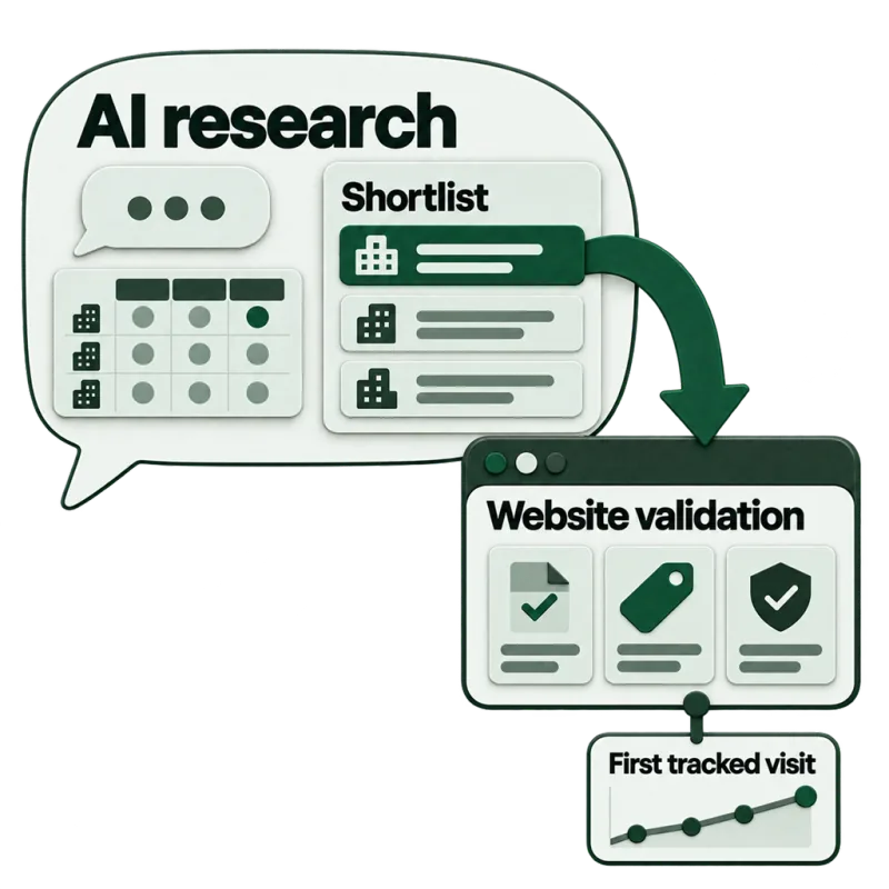 The buyer’s path: AI research produces a shortlist, the buyer checks the website, and only then comes the first tracked visit.