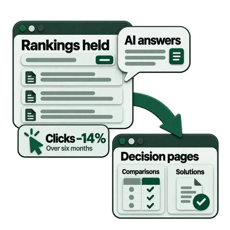 Rankings held while AI answers took the clicks: clicks down 14% over six months, with an arrow to decision pages such as comparisons and solutions.