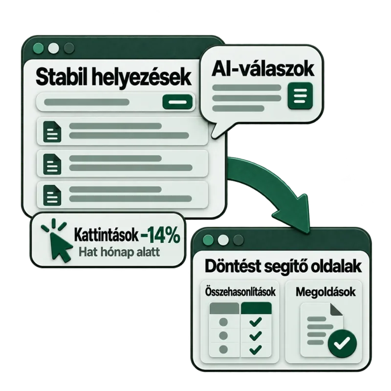 A helyezések stabilak maradtak, az AI-válaszok viszont elvitték a kattintásokat: hat hónap alatt 14%-kal kevesebb kattintás, egy nyíl pedig a döntést segítő oldalakra mutat, például összehasonlításokra és megoldásokra.