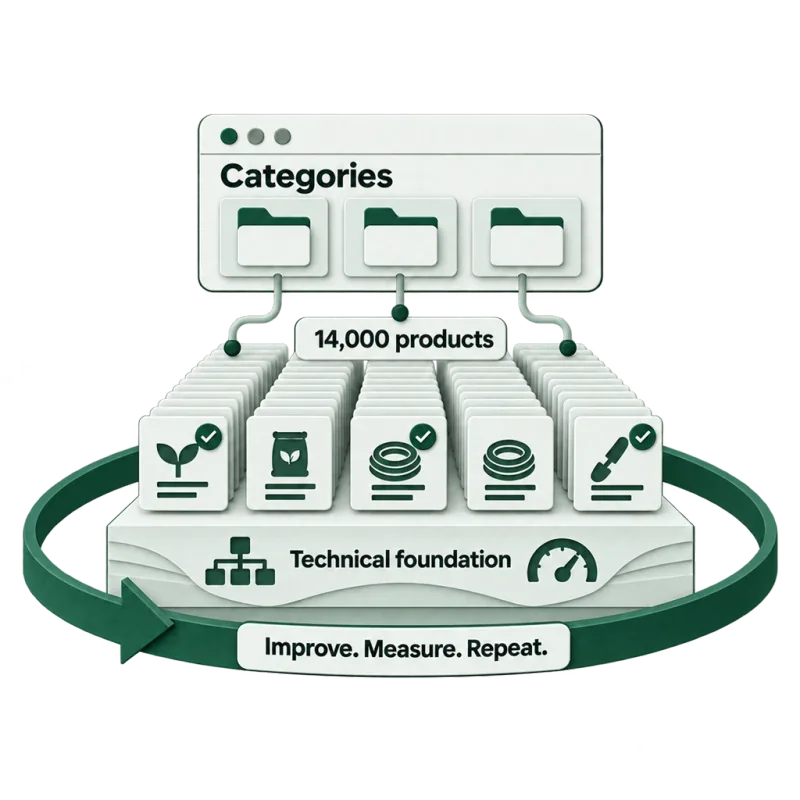 Categories above 14,000 products on a technical foundation, circled by one loop: improve, measure, repeat.