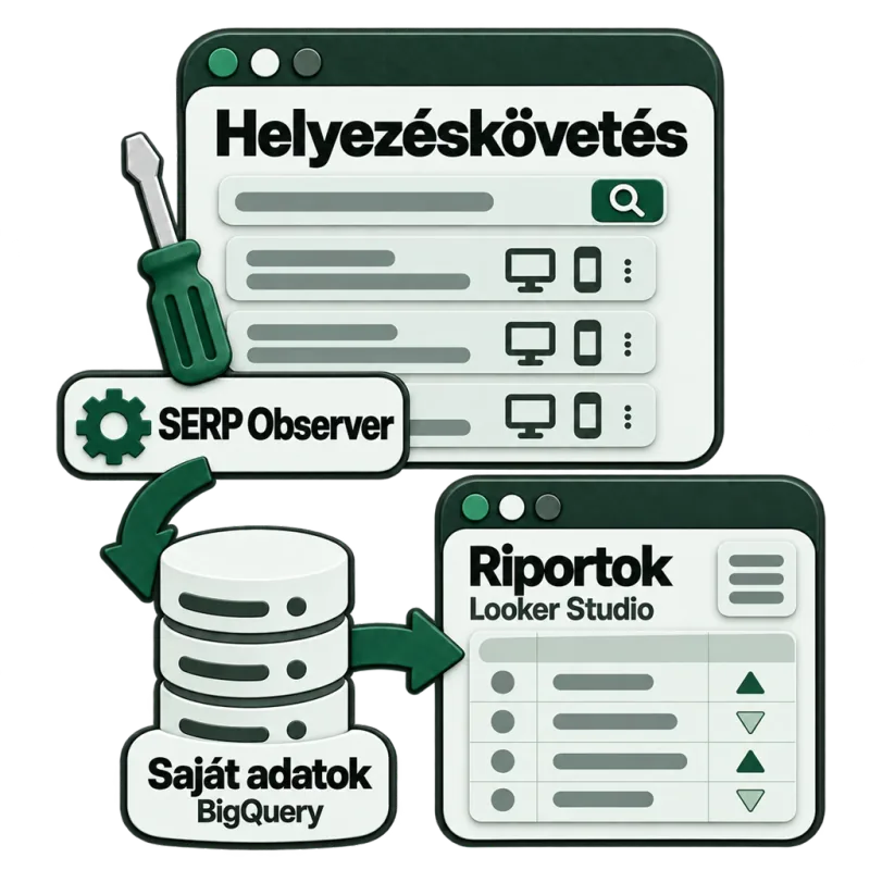 Helyezéskövetés asztali gépre és mobilra; a SERP Observer a BigQuery-ben tárolja az adatokat, a riportok Looker Studióban készülnek.
