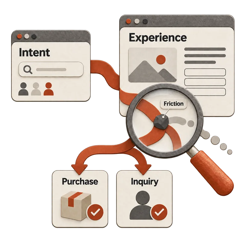 Paper cut-out illustration: two browser windows, Intent with a search bar and three people, then Experience with a page layout, joined by an orange path that runs under a magnifying glass — where a rock labeled Friction sits in the way — and then splits into two cards, Purchase and Inquiry, each with a check mark.