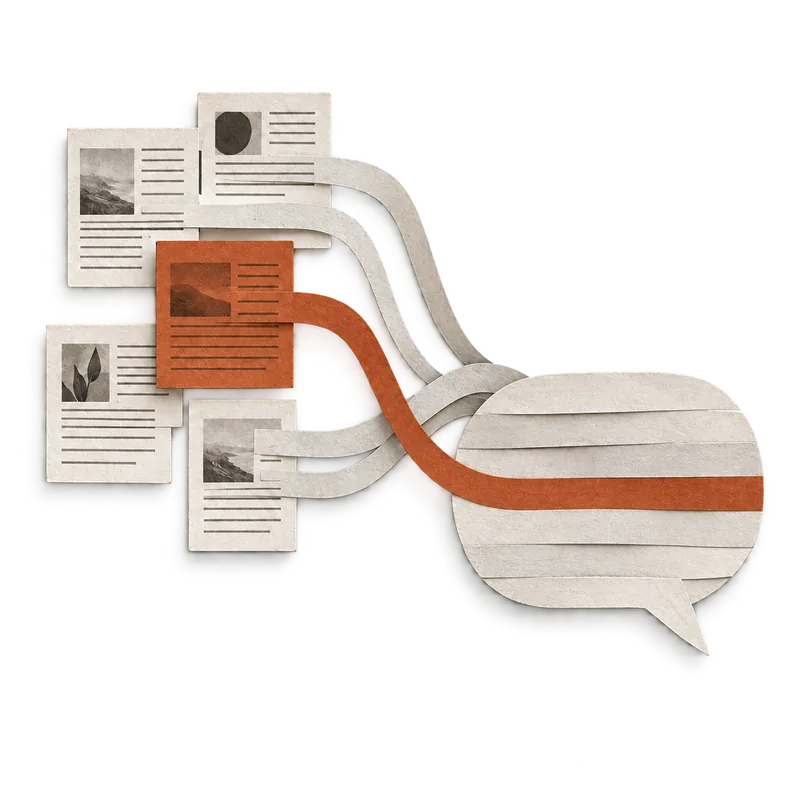 Paper cut-out illustration: several web pages, one highlighted in orange, flowing as ribbons into a single speech bubble — many sources, one answer, one of them cited.