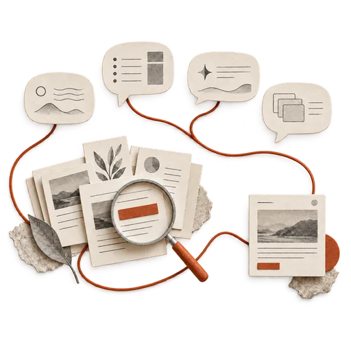 Paper cut-out illustration: a magnifying glass over a stack of web pages, threads running from them to four speech bubbles and one page — checking which pages reach which answers.