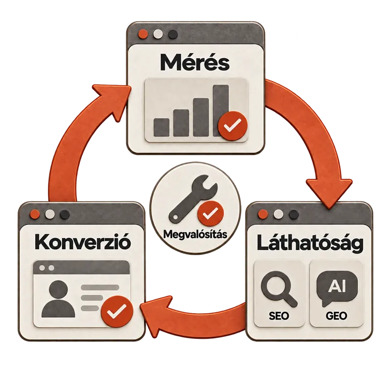 Papírkivágás-illusztráció: három böngészőablak narancssárga nyilakkal körré kötve — Mérés oszlopdiagrammal, Láthatóság SEO- és GEO-csempékkel, Konverzió egy névjegykártyával —, középen a Megvalósítás: csavarkulcs pipával.