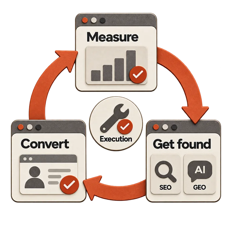 Paper cut-out illustration: three browser windows joined in a loop by orange arrows — Measure with a bar chart, Get found with SEO and GEO tiles, Convert with a contact card — and Execution, a wrench with a check mark, at the center.