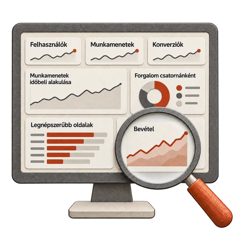 Papírkivágás-illusztráció: analitikai felület egy monitoron — Felhasználók, Munkamenetek és Konverziók csempékkel, a munkamenetek időbeli alakulásával, a forgalommal csatornánként és a legnépszerűbb oldalakkal —, egy nagyítóval a Bevétel grafikonja fölött.