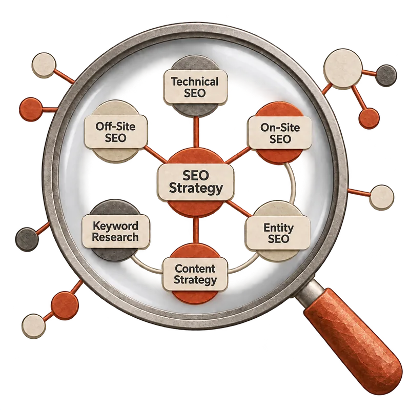 Paper cut-out illustration: a magnifying glass over a semantic graph — SEO strategy at the center, connected to technical SEO, on-site SEO, entity SEO, content strategy, keyword research and off-site SEO, with smaller nodes branching out beyond the rim.