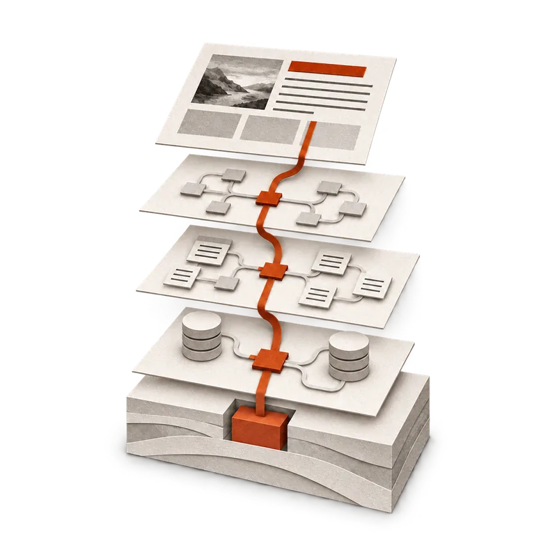 Paper cut-out illustration: a web page on top of three stacked layers — a link map, a set of documents, and databases — all resting on a layered stone foundation, with one orange thread running from the page down through every layer into a block set in the base — what a page stands on.