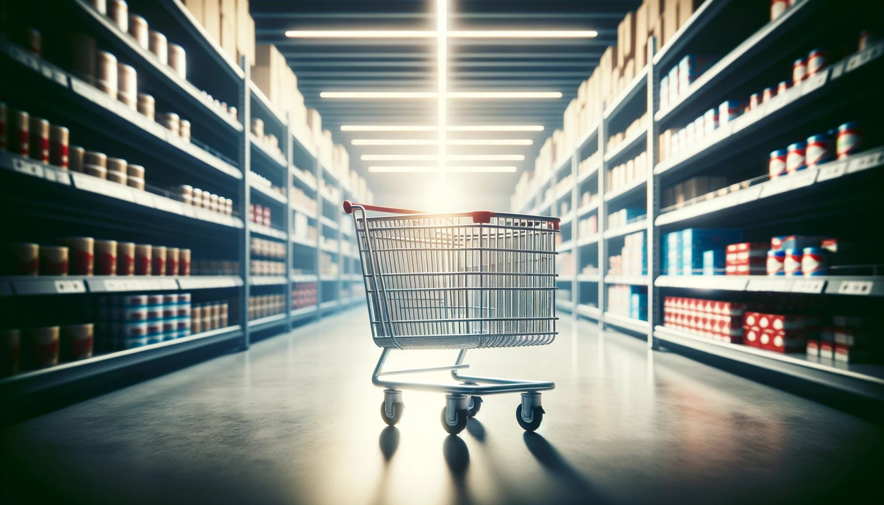 A conceptual image of an abandoned shopping cart in a shopping aisle, symbolizing cart abandonment in online shopping