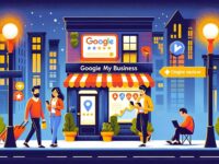 An urban street scene depicting various activities linked to Google My Business advantages