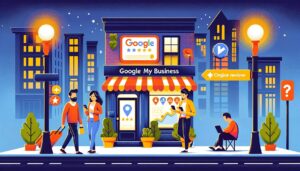 An urban street scene depicting various activities linked to Google My Business advantages