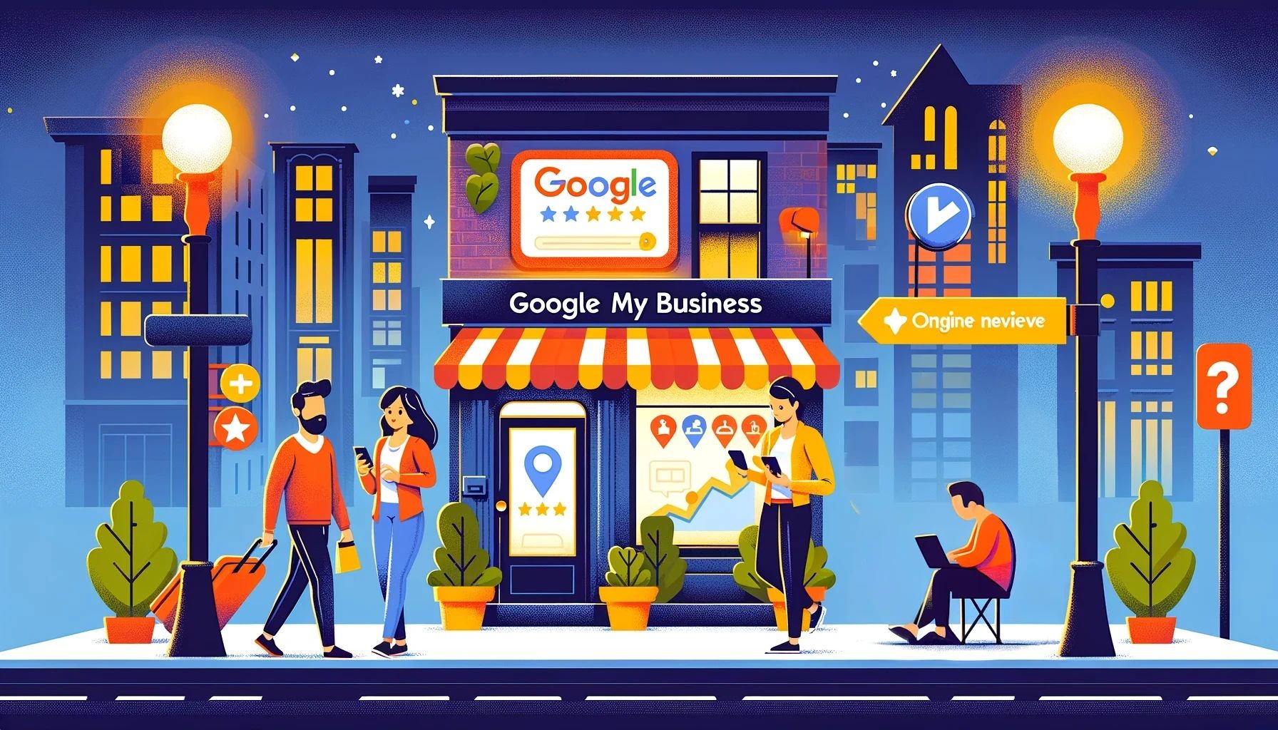 An urban street scene depicting various activities linked to Google My Business advantages