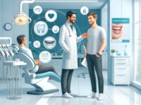 A kép egy tiszta rendezett fogorvosi rendelőt mutat, ahol két ember beszélget, és egy páciens a fogorvosi székben ül