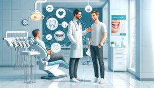 A kép egy tiszta rendezett fogorvosi rendelőt mutat, ahol két ember beszélget, és egy páciens a fogorvosi székben ül