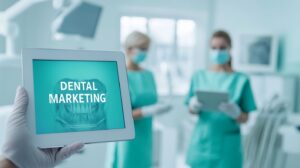 A kép egy letisztult, modern fogászati marketingkoncepciót mutat. A fő fókuszban egy kézben tartott táblagép áll. a táblán a dental marketing szöveg. A háttérben két fogászati szakember látható, mindketten világoszöld egyenruhát, arcmaszkot és védőszemüveget viselnek, és egy világos, klinikai környezetben állnak. Az általános színvilág lágy és világos, minimalista kialakítású.