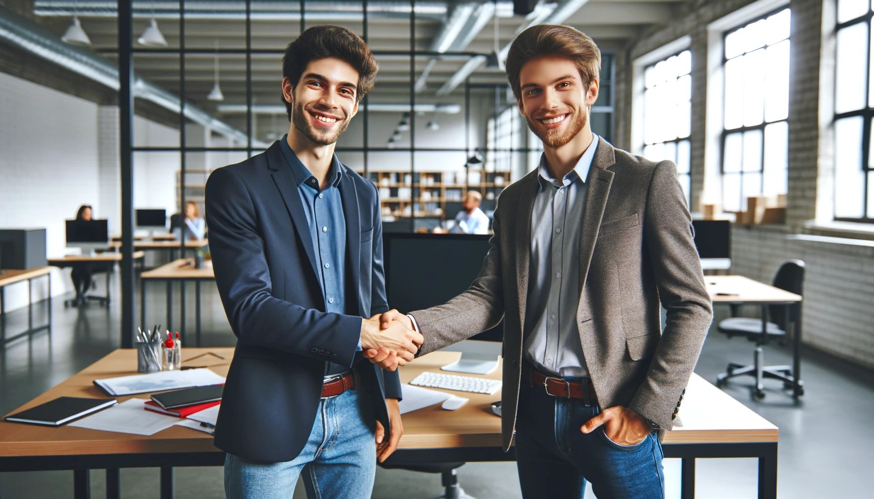 Two people shaking hands in an office setting, both smiling. The office is modern