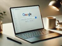 Egy modern laptop és egy kávésbögre egy letisztult, minimalista íróasztalon. A laptop képernyőjén a Google kereső találati listája látható. A kávésbögre a laptop mellett helyezkedik el, a lágy megvilágítás kiemeli a képernyőt és a rendezett elrendezést, nyugodt és koncentrált hangulatot teremtve.