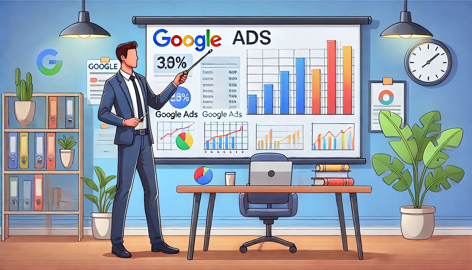 Egy illusztráció egy férfiról, aki az íróasztala mellett áll és egy prezentációs képernyőre mutat, amely színes oszlopdiagramokat és kördiagramokat ábrázol, szöveg nélkül. Az iroda rendezett, az asztalon könyvek és egy laptop található, a háttérben pedig növények és irattartók láthatók. A férfi magabiztosan magyaráz valamit, kezében egy lézermutatóval.