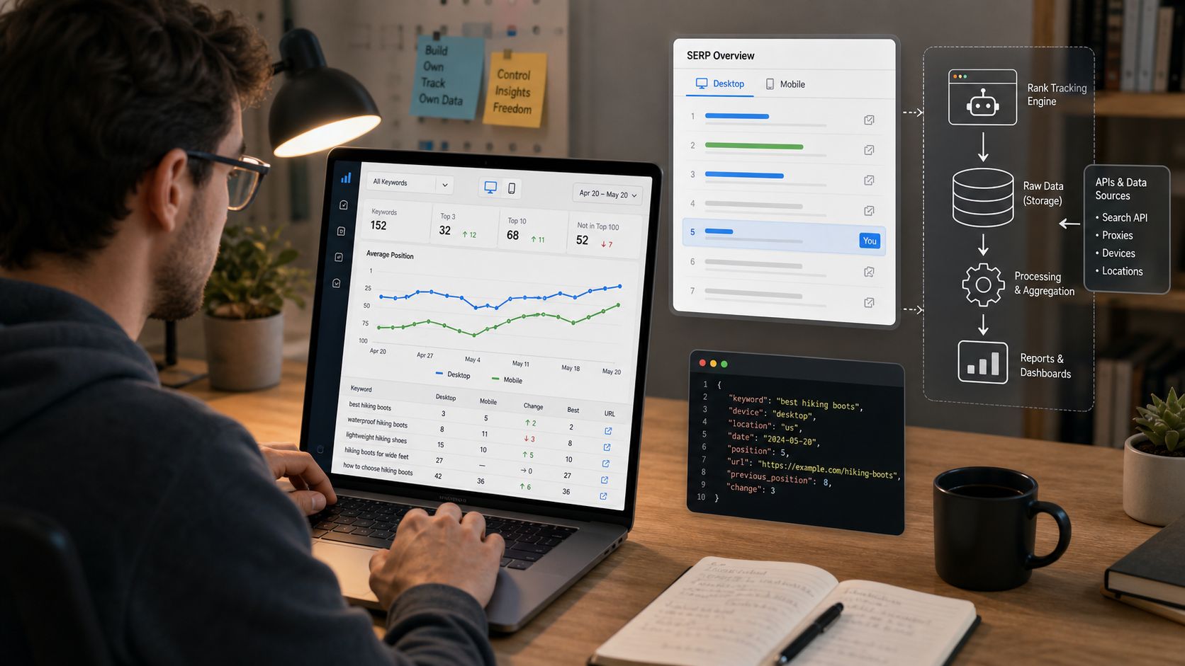 SEO specialist working on a custom SERP tracking dashboard, showing keyword ranking data, desktop and mobile position trends, API data flow, and reporting panels.